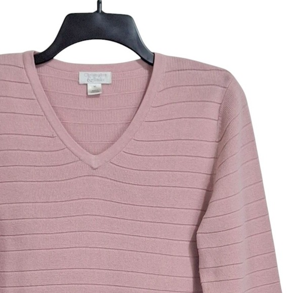 Christopher Banks Pullover Sweater Womens Medium Pink V-Neck 3/4 Sleeve Stripes - Picture 1 of 10